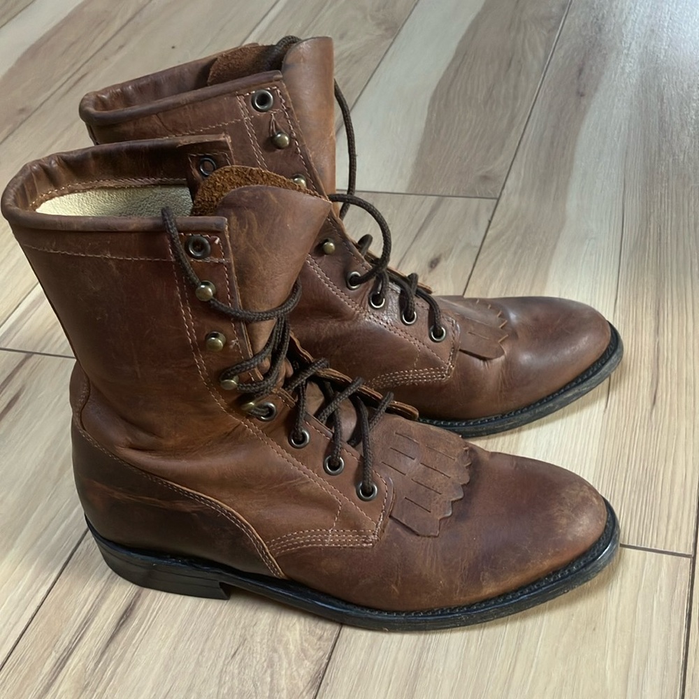Boulet Women's Leather Cowboy Kiltie Western Packer Sole Boots Brown Sz 6.5